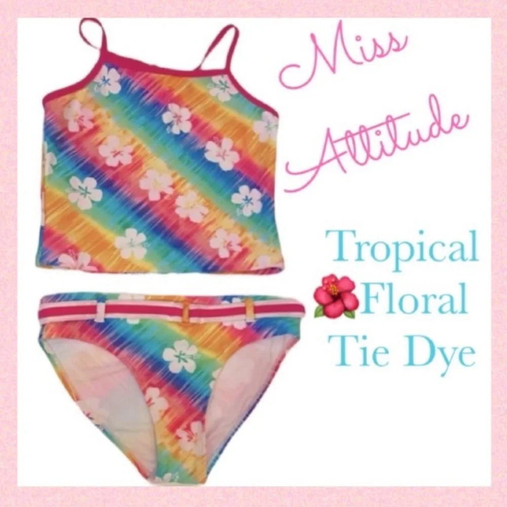 Sparkle Tie Dye Tankini Tropical Hibiscus Flower 2 pc Bikini Swimsuit Swimwear